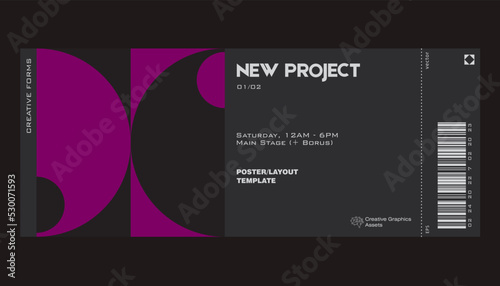 Modern exhibition ticket template layout made with abstract vector geometric shapes. Brutalism inspired graphics. Great for branding presentation, poster, cover, art, tickets, prints, etc.