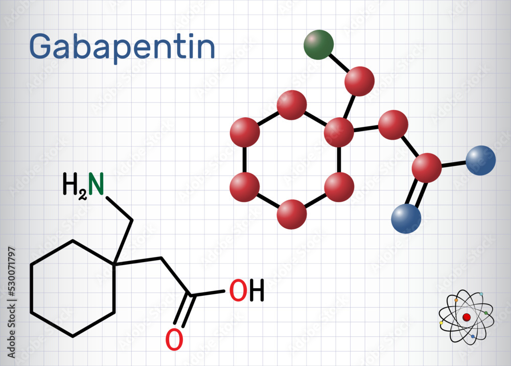Gabapentin molecule. It is anticonvulsant medication, used to treat neuropathic pain and epilepsy. Structural chemical formula,molecule model. Sheet of paper in a cage