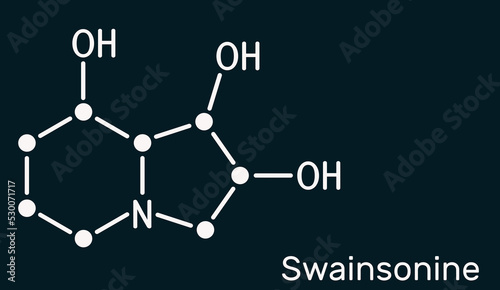 Swainsonine, tridolgosir molecule. It is indolizidine alkaloid from the plant Swainsona, with immunomodulatory activity. Skeletal chemical formula, dark blue background photo
