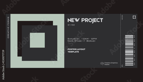 Modern exhibition ticket template layout made with abstract vector geometric shapes. Brutalism inspired graphics. Great for branding presentation, poster, cover, art, tickets, prints, etc.