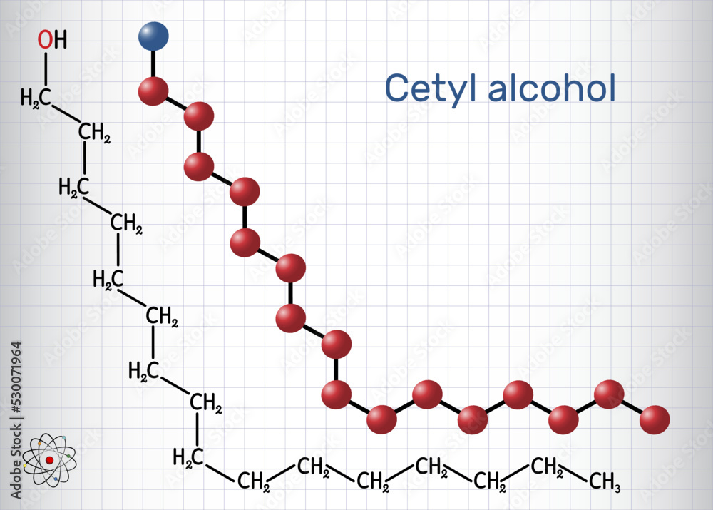 Cetyl alcohol, palmityl alcohol molecule. Used in cosmetic industry, in pharmaceutical preparations. Structural chemical formula, molecule model. Sheet of paper in a cage. Cetyl alcohol, palmityl alcohol molecule. Used in cosmetic industry, in pharmaceutical preparations. Structural chemical formula, molecule model. Sheet of paper in a cage.