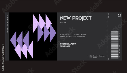 Modern exhibition ticket template layout made with abstract vector geometric shapes. Brutalism inspired graphics. Great for branding presentation, poster, cover, art, tickets, prints, etc.