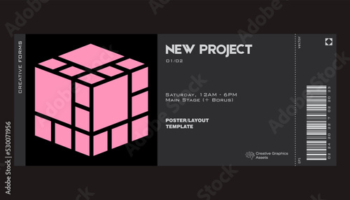 Modern exhibition ticket template layout made with abstract vector geometric shapes. Brutalism inspired graphics. Great for branding presentation, poster, cover, art, tickets, prints, etc.