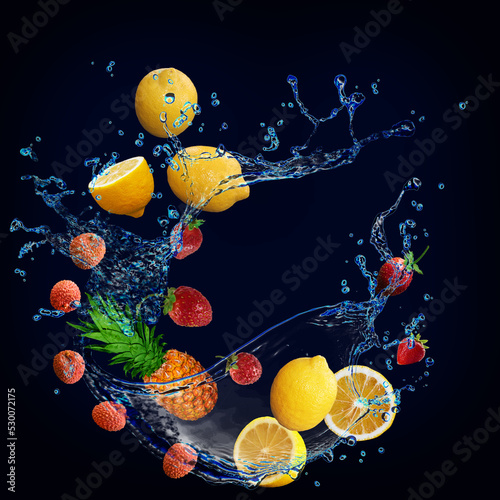 Wallpaper, panorama with fruits in the water - lemon, pineapple, lychee, strawberry are very tasty and vitamin