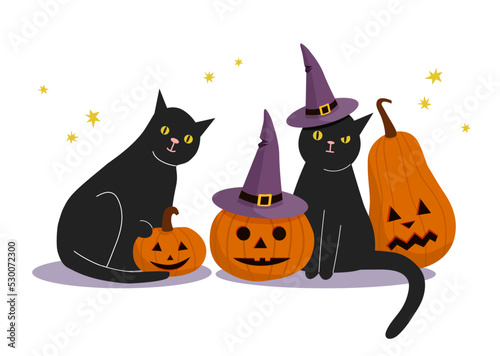 Cats with pumpkins. Sweet Halloween composition isolated on white.