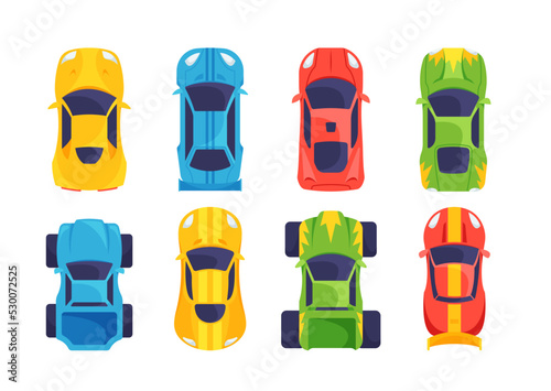 Set of Sport Cars for Championship Isolated on White Background. Racing Automobiles Top View, Colorful Race Transport