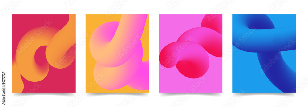 Set of 3d colorful twisted line shape on cover. Geometric design neon fluid gradient elements. Vector modern banner