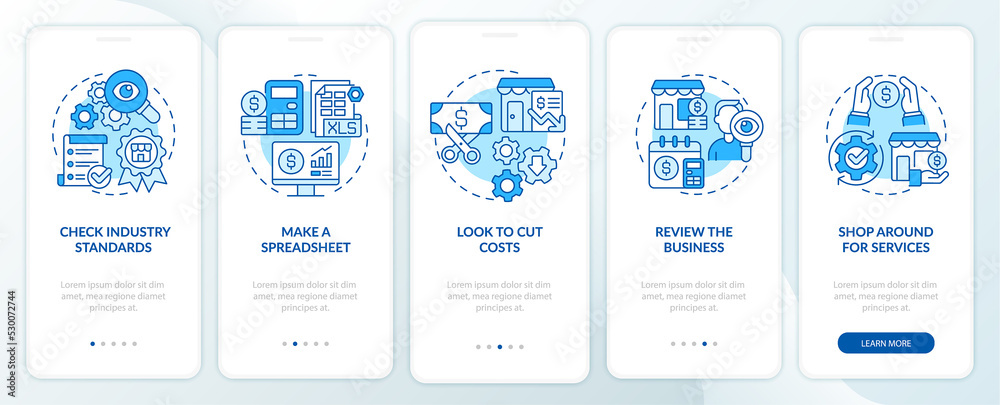 Budgeting for small business blue onboarding mobile app screen. Walkthrough 5 steps graphic instructions pages with linear concepts. UI, UX, GUI template