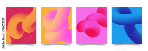 Set of 3d colorful twisted line shape on cover. Geometric design neon fluid gradient elements. Vector modern banner