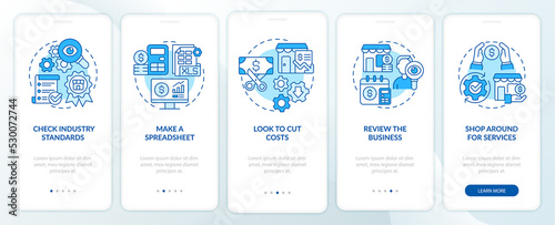 Budgeting for small business blue onboarding mobile app screen. Walkthrough 5 steps graphic instructions pages with linear concepts. UI, UX, GUI template