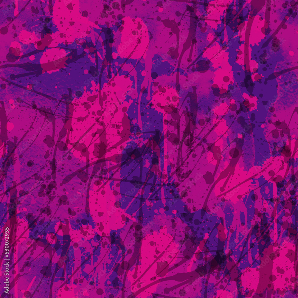 A seamless pattern with monochrome paint splatters on a violet and pink background.