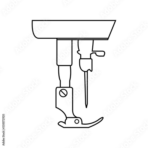 Line industrial sewing machine needle steel presser foot for sew fabric cloth on white background outline hand drawing black icon flat vector design.
