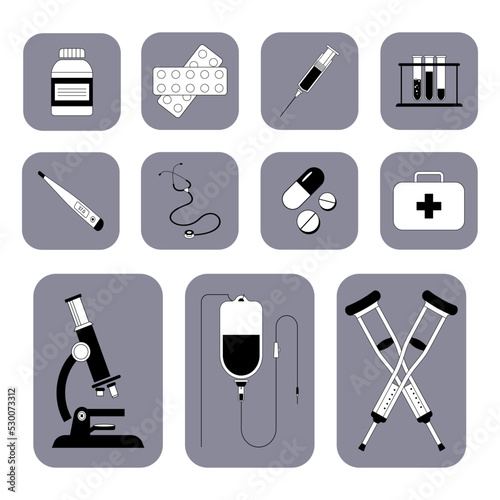Vector set of black and white icons on medical topics, microscope, crutches, dropper, first aid kit, thermometer, syringe, laboratory test tubes, pill packs, and more