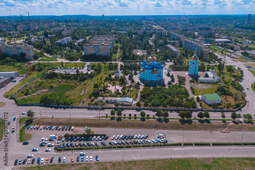 Spaso-Preobrazhensky Cathedral against the blue sky. Ukraine, Krivoy Rog. Aerial view from a drone. Urban landscape. City center panorama photo