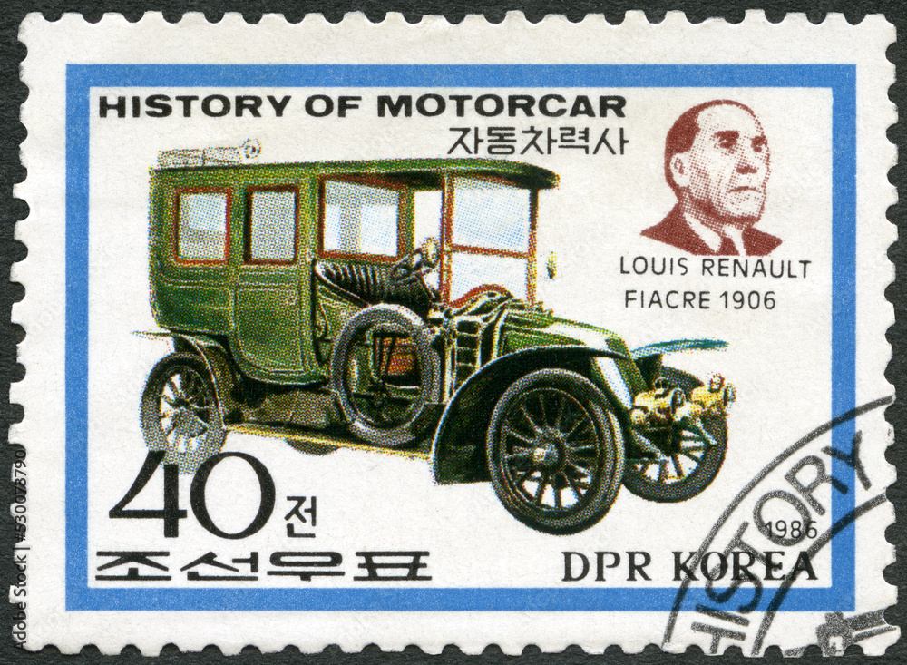 NORTH KOREA - 1986: shows Louis Renault (1877-1944) and Fiacre carriage, 1906, series History of the Motor Car, 1986