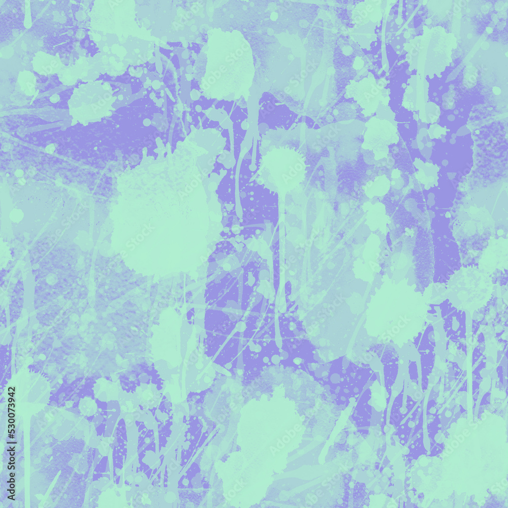 A seamless pattern with monochrome green paint splatters on violet background.