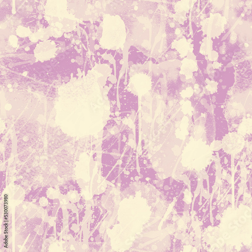 A seamless pattern with monochrome beige paint splatters on pink background.