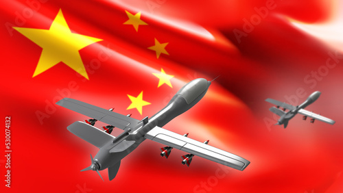 UAV made in China. Unmanned aerial vehicles with PRC flag. Air Force of Peoples Republic of China. Modern drum UAVs from China. Combat drones with missiles. Attack UAVs of Chinese Air Force. 3d image photo