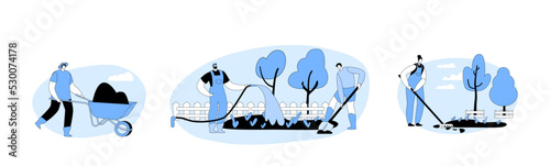 Set of Gardeners Working at Country Ranch. Men and Women Farmer Characters Working in Garden, Care of Plants, Raking