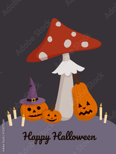 Halloween composition festive pumpkins under a mushroom.