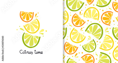 Hand drawn fresh slices of lime, lemon, orange. Cartoon poster and fruit seamless pattern. Vector set