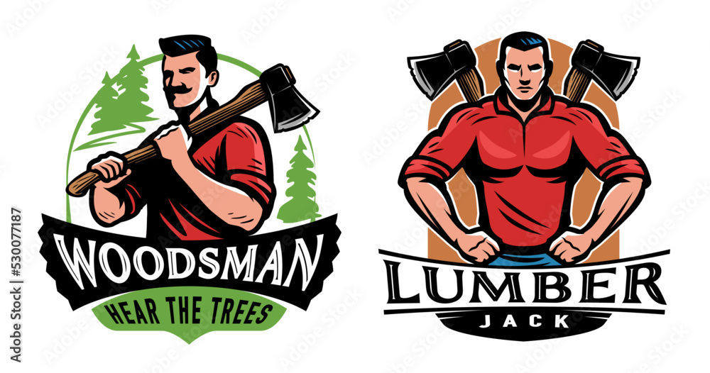 Lumberjack with ax design emblem and mascot. Woodwork, wood industry labels set. Color vector illustration Lumberjack with ax design emblem and mascot. Woodwork, wood industry labels set. Color vector illustration