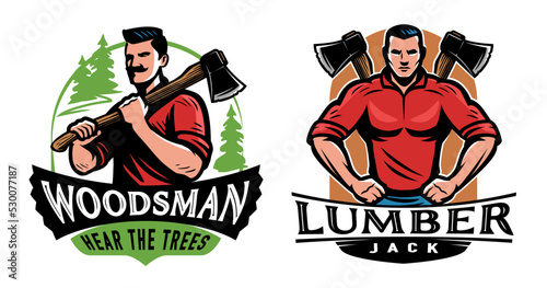 Lumberjack with ax design emblem and mascot. Woodwork, wood industry labels set. Color vector illustration