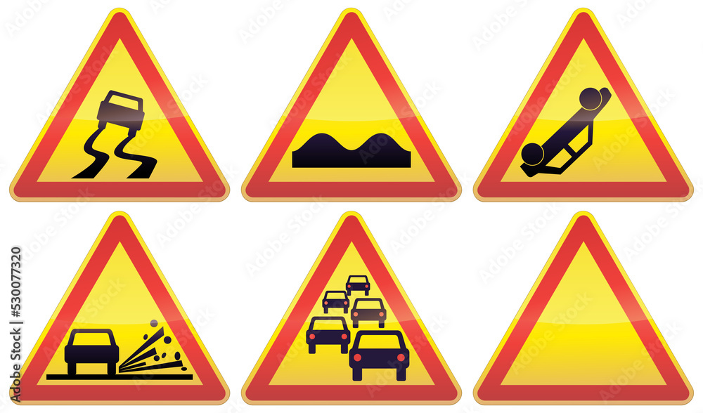 Collection of black, red and yellow triangular warning signs of various temporary road hazards, such as slippery road, gravel spray, traffic jam, speed bump and road accident Collection of black, red and yellow triangular warning signs of various temporary road hazards, such as slippery road, gravel spray, traffic jam, speed bump and road accident