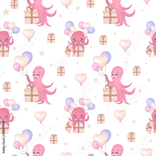 Seamless pattern with octopuses. Cute children's octopus character. Children's textiles. Seamless ornament for babies