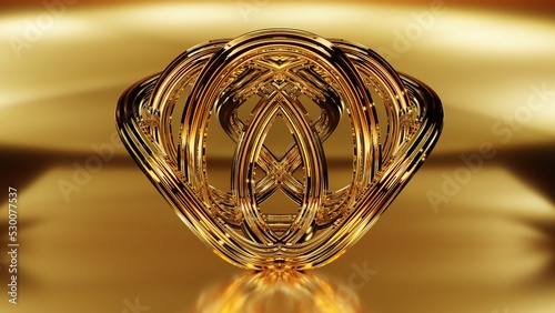 Gold abstract crown for graphic design and logo on gold background. Decorative elegant luxury design. Vintage elements in Dark fantasy. 3D illustration