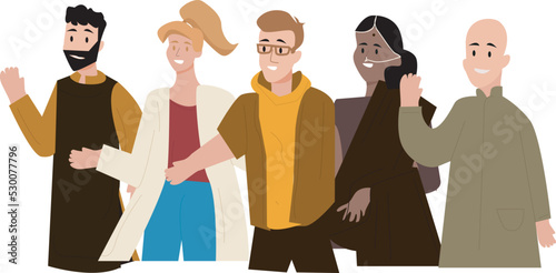 International friendship flat vector illustration. Young diverse people group standing together cartoon characters. Multiethnic unity and peace concept. Diversity and social togetherness idea.