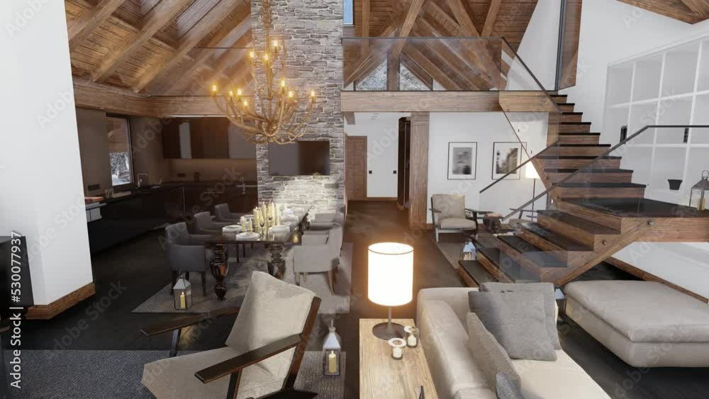 4K video rendering of cozy living room on sunny winter day in the mountains, luxury interior of chalet decorated with candles, fireplace fills the room with warmth. It's snowing outside the window