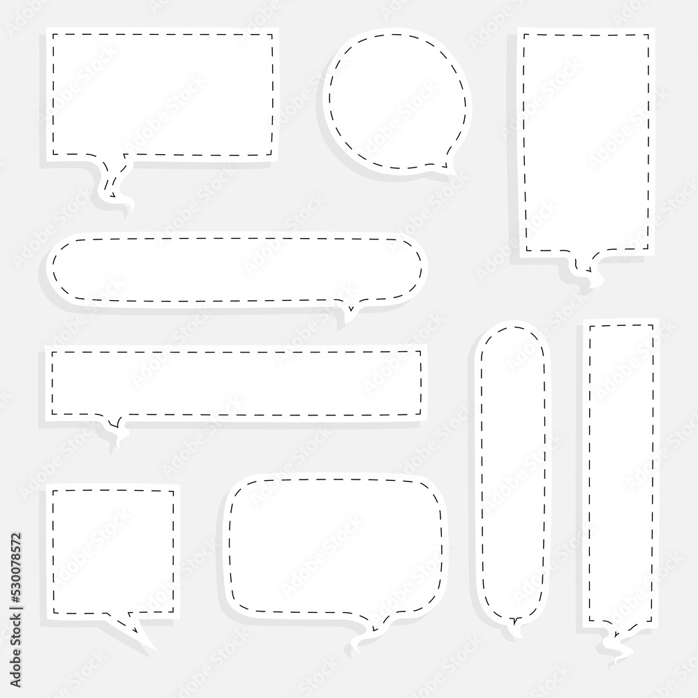 collection set of blank black and white dashed line hand drawn speech bubble balloon, think speak talk whisper text box, flat vector illustration design isolated