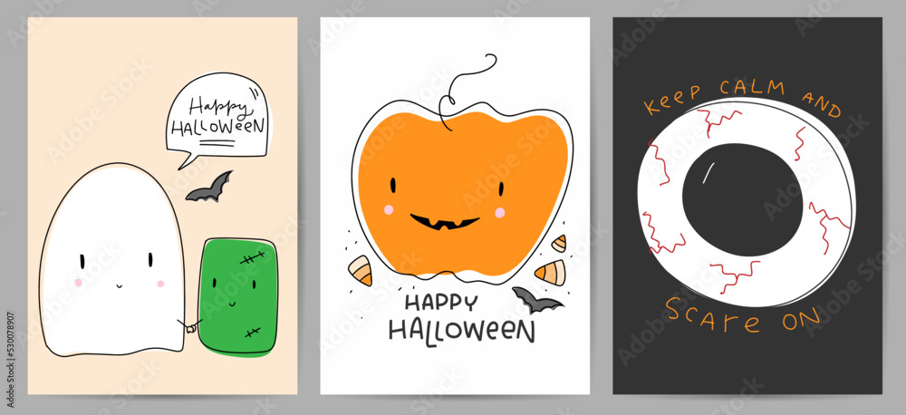 Modern Halloween card set. Funny monster and cute baby ghost, scary eye and happy Jack-o-lantern character clipart with traditional greeting and wordplay text. 