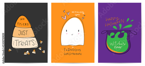 Halloween cartoon character greeting card set with wordplay and funny text. Happy baby ghost, witches brew pot and candy corn colorful graphic in orange, black, green and purple.