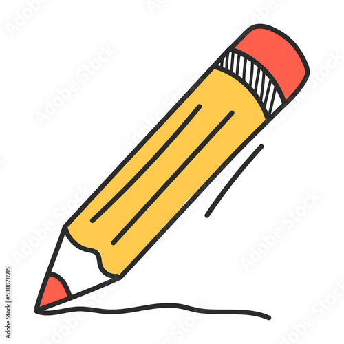 Pencil doodle icon vector isolated. Illustration of a drawing equipment. Art tool. Yellow pencil with red eraser.