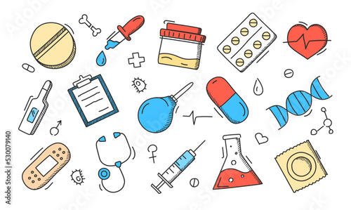 Medicine icon set vector isolated. Collection of doodle icons, pharmacy, medicine and healthcare concept. Hand-drawn pills, plaster and prescription.