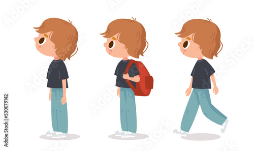 Vector set. Little boy with big eyes and long brown red hair in various poses. Standing and walking. Cartoon characters.