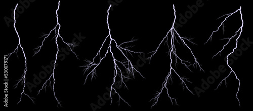 Set of different lightning bolts isolated on black background