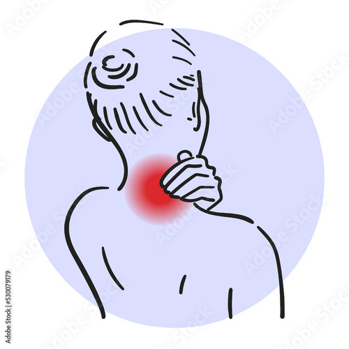 Pain in the neck vector isolated. Back view of the person touching neck, red painful area.