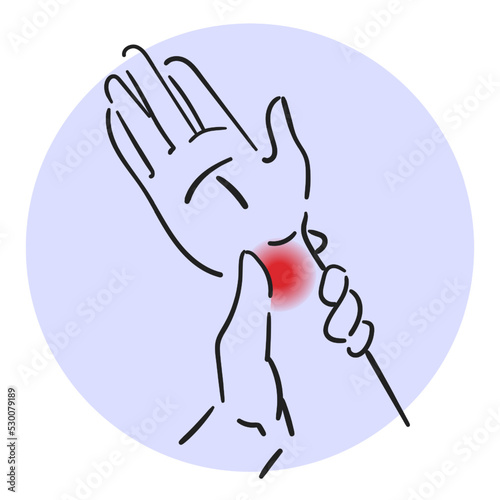 Pain in the wrist vector isolated. Illustration of a hand touching red painful area. Health and medicine concept. Physical injury.