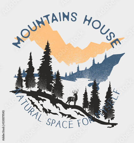 MOUNTAINS HOUSE.. National park colorful concept with flying bird forest and mountains landscape 
