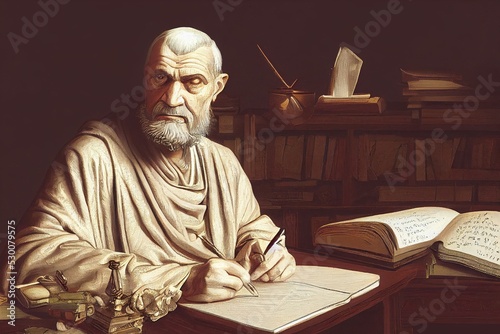 Lucius Annaeus Seneca the Younger, Roman philosoper, working in his chambers, digital illustration, gouache and oil painting, intricate details, detailed face photo