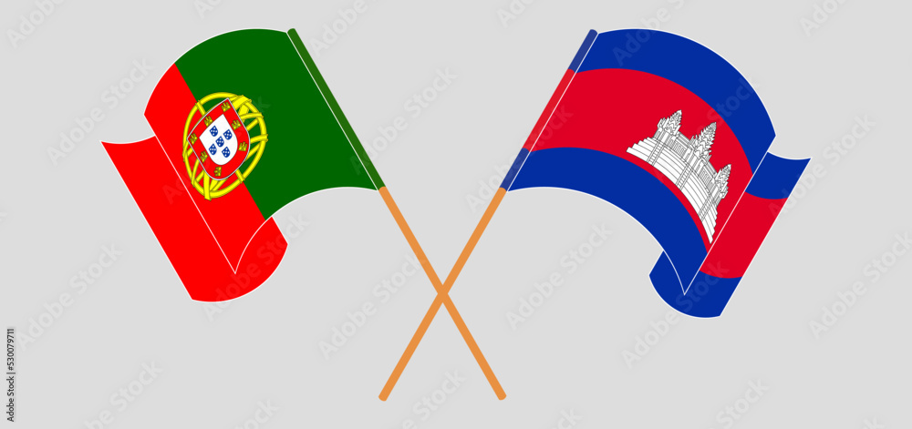 Crossed and waving flags of Portugal and Cambodia Crossed and waving flags of Portugal and Cambodia