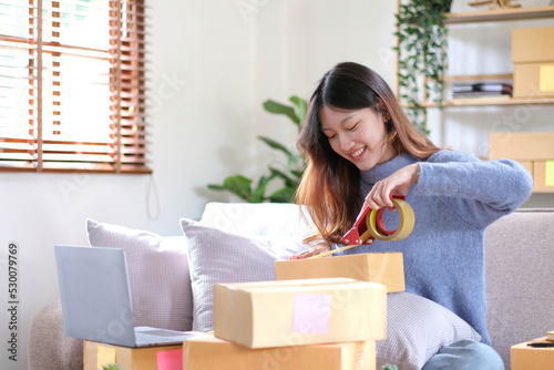 Portrait of Asian young woman SME working with a box at home the workplace.start-up small business owner, small business entrepreneur SME or freelance business online and delivery concept. © wichayada