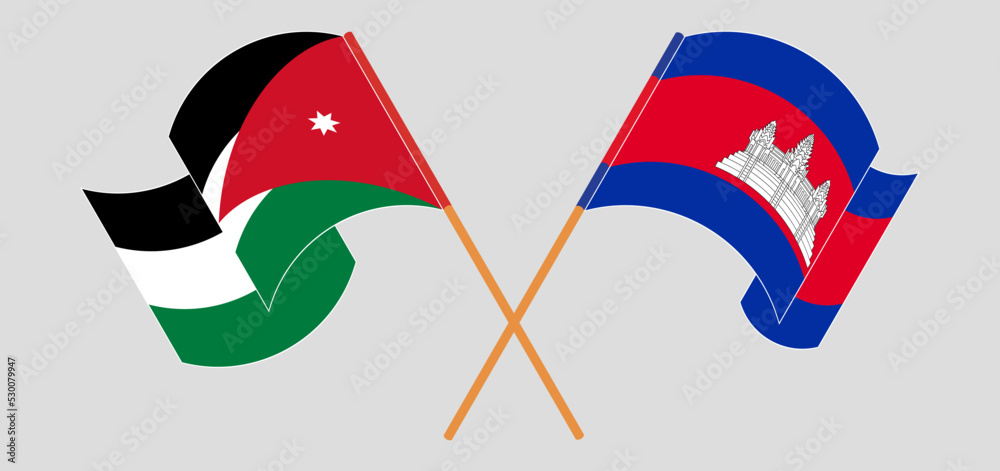Crossed and waving flags of Jordan and Cambodia