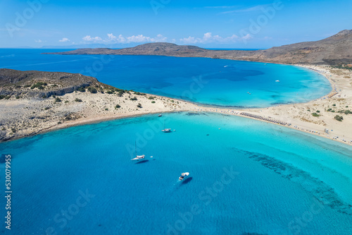 Aerial view of Simos beach in Elafonisos. Located in south Peloponnese elafonisos is a small island very famous for the paradise sandy beaches and the turquoise waters.