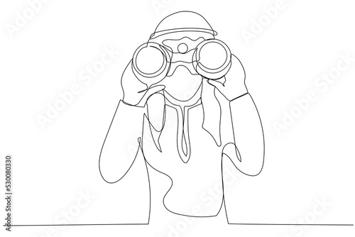 Drawing of young arab businessman using binoculars. Single line art style