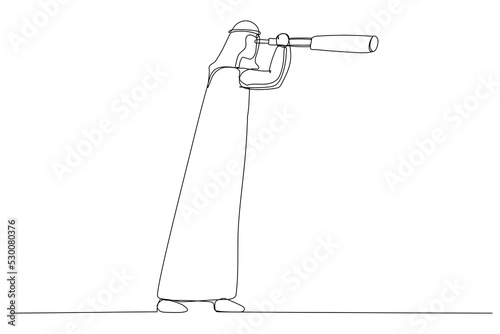 Illustration of arab businessman with telescope. Idea or inspiration, business visionary. One line style art