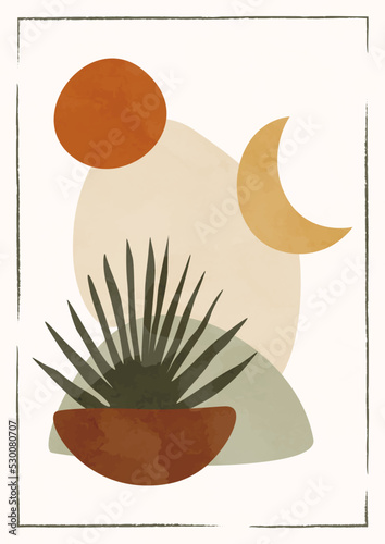 Boho poster sun palm and leaf. Pottery and moon. Mid century modern minimalist art print. Modern aesthetic boho design wallpaper, card, template. eps 10. Flat illustration